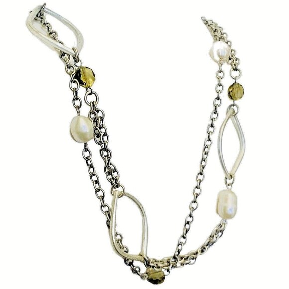 White Pearl Layered Station Necklace 18" Silver Tone Multi-Chain Station - Picture 1 of 10